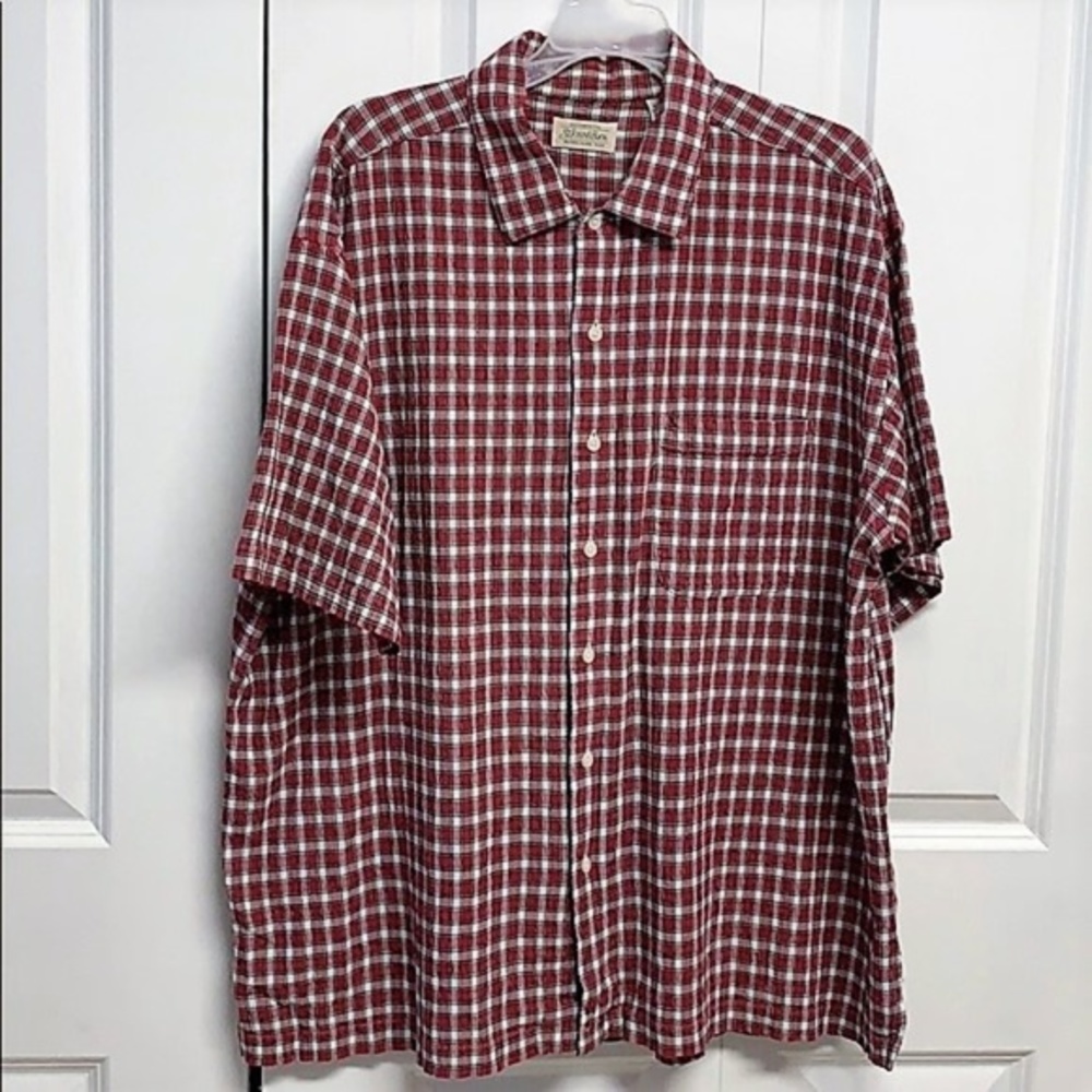 St. John’s Bay RED White Blue Plaid Cotton Short Sleeve Pocket Shirt Size XL